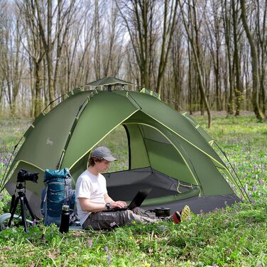 Намет для кемпінгу Outsunny Quick-Up, сімейний, 2 дорослих + 1 дитина, 4 сезони, водонепроникний, 2 входи, поліестер, скловолокно, 210x210x140 см, темно-зелений, сумка для перенесення