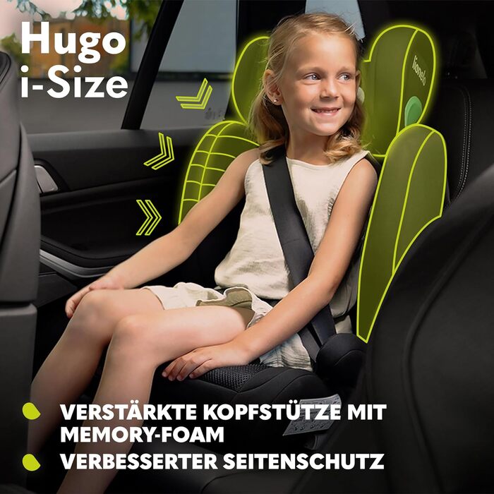 Автокрісло Lionelo Hugo i-Size R129 Група 2/3 (100–150 см) – ISOFIX, регульована підголовник з Memory Foam, бічний захист, комфортні підлокітники, чорний карбон