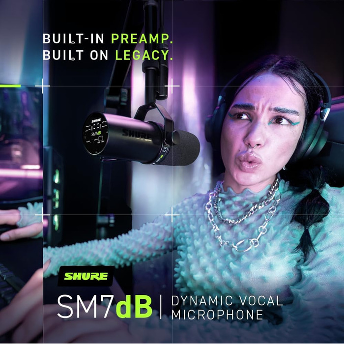 Мікрофон Shure SM7dB динамічний для мовлення, вокалу та подкасту з вбудованим підсилювачем, широкий частотний діапазон, теплий м'який звук, чорний