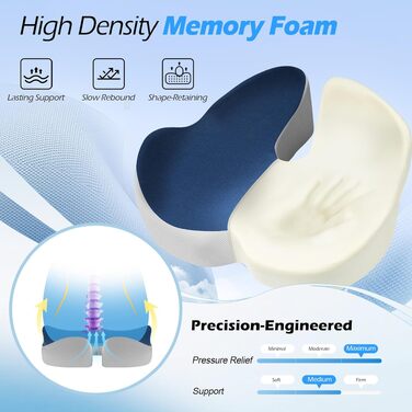 Подушка ортопедична для офісного крісла Lofty Aim з піни Memory Foam: підтримка попереку, куприка, зняття болю, для офісу, авто, літака, інвалідного візка – чорний, синій та сірий