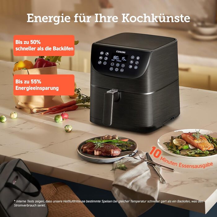 Аерофритюрниця COSORI 5,5 л XXL, цифровий LED-екран, 13 програм, без олії, 1700 Вт, чорна, преміум
