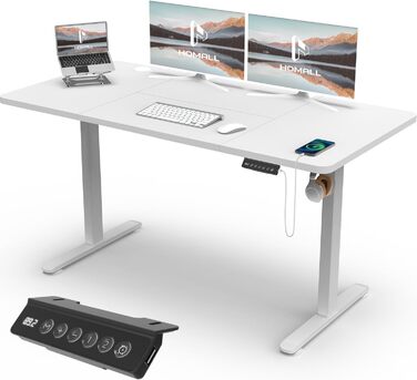 Регульований стіл Homall 140x60 см з USB-роз'ємом, комп'ютерний стіл для дому та офісу, ергономічний, білий