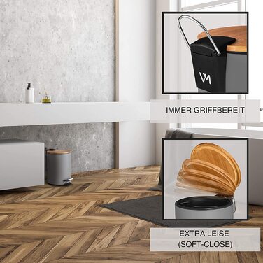Косметичний відро для сміття VMbathrooms 3 л, сірий матовий, з бамбуковою кришкою, педаллю та функцією Soft Close для ванної кімнати