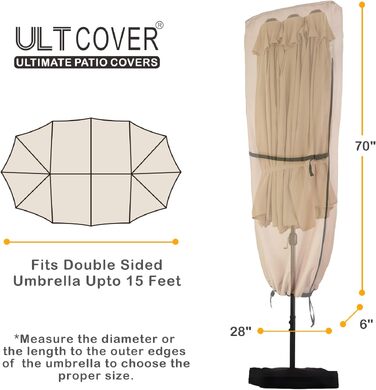 Чохол для парасольки террасної ULTCOVER 600D водонепроникний до 365 см (подвійна парасолька, коричневий)