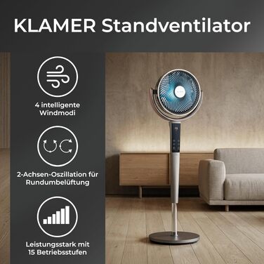 Вентилятор підлоговий KLAMER DC, з пультом, 12 режимів, нічний режим, 85° осциляція, таймер 8 год, 115 см, білий