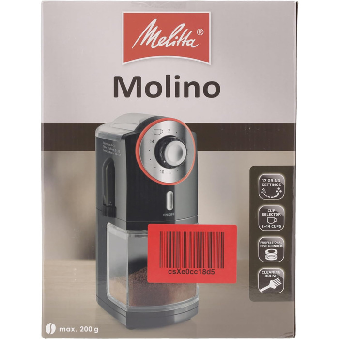 Електрична кавомолка Melitta Molino для 200 г кавових зерен, 17 режимів помолу, на 2–14 чашок, чорна/червона