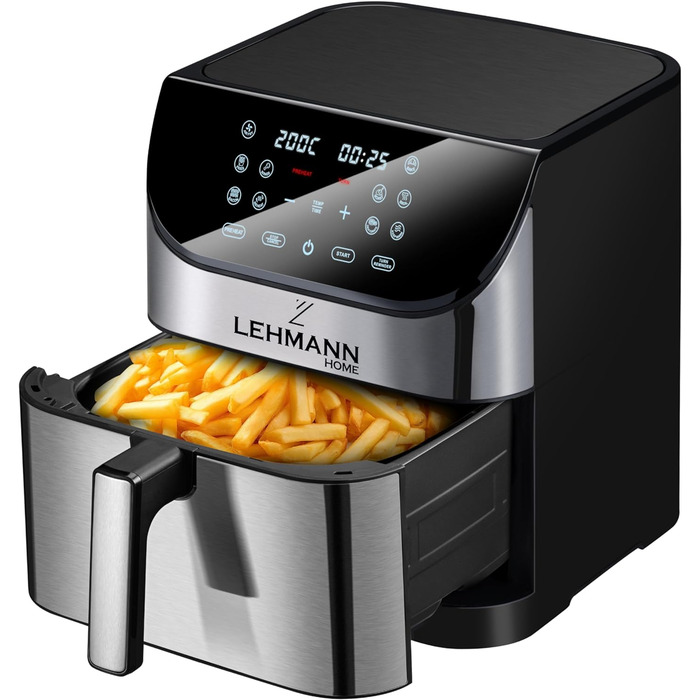 Аерофритюрниця Lehmann XXL 8 л, 1800 Вт, цифровий LED-екран, 10 програм, регулювання температури 76-200°C, таймер, приготування без олії, для здорового харчування