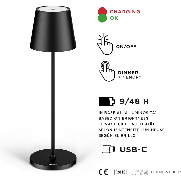 Світлодіодна акумуляторна настільна лампа Stilosa Classica 3, IP54, диммована, USB-C, чорна, 38 см, для дому та вулиці