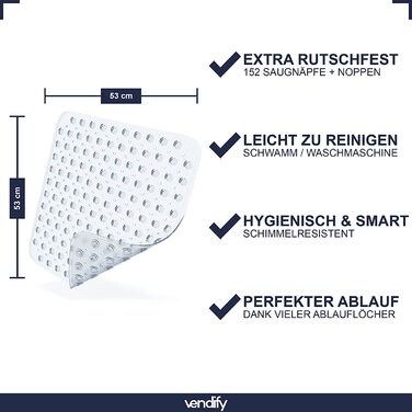 Vendify® преміум килимок для душу 53x53 см, антиковзний, квадратний, для ванної та душової кабіни, 152 присоски, без BPA, стійкий до плісняви, машинне прання, прозорий