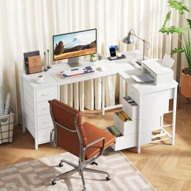 Кутовий стіл Youdenova 150x100 см з шухлядами, розеткою та USB-зарядом, білий. Стіл L-подібний з місцем для зберігання