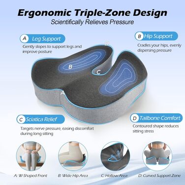 Подушка для офісного крісла Lofty Aim з Memory Foam: ергономічна, для куприка, при болях в спині та сідницях, для офісу, авто, літака, інвалідного візка – чорний та сірий