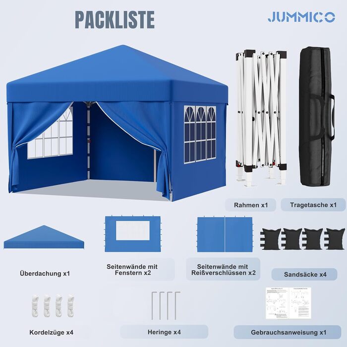 Павільйон садовий JUMMICO 3x3м водонепроникний, з бічними стінками, UV 50+, для кемпінгу та вечірок (Синій)