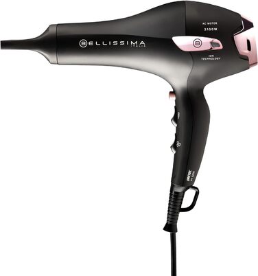 Фен Bellissima P7 3200 з іонізацією, 2100 Вт, професійний мотор, 2 швидкості, 3 температури, насадка-дифузор для локонів, холодне повітря, підсвічування, дорожній футляр, кабельний затискач
