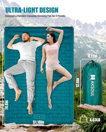 Самонадувний кемпінговий килимок AKSOUL Outdoor: ультралегкий надувний матрац з подушкою, термоізоляційний складний матрац для намету, трекінгу та пляжу, 12 см, двомісний, колір павлін