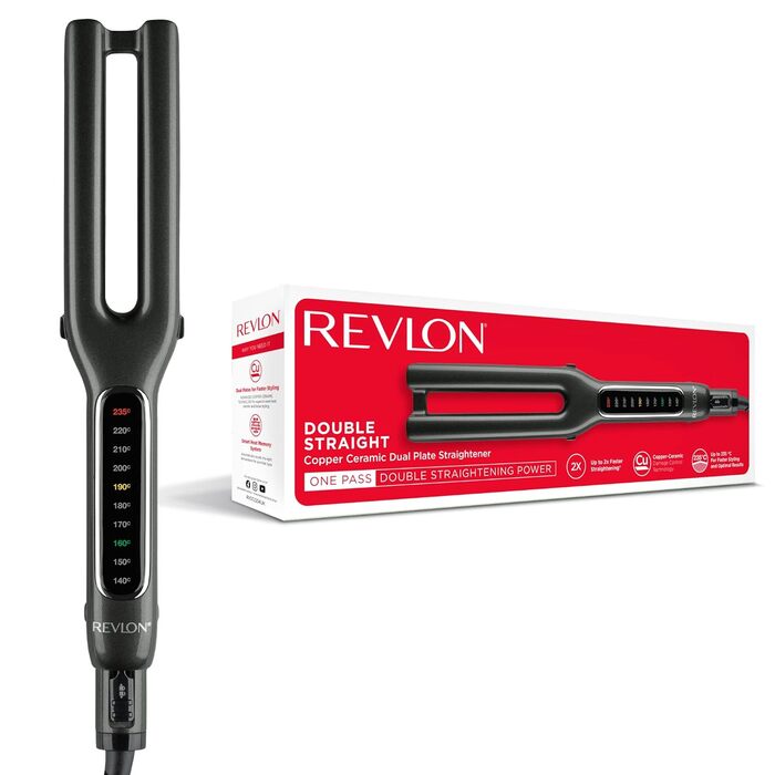 Випрямляч для волосся Revlon Double Straight з двома пластинами, сучасна мідно-керамічна технологія, LED-дисплей, інтелектуальна пам’ять температури, 10 режимів до 235°C, RVST2204E