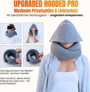 Подорожня подушка для шиї з капюшоном з ефектом пам'яті (Memory Foam) для літака, авто та поїздок, 100% бавовна, світло-сіра (Hooded Pro)