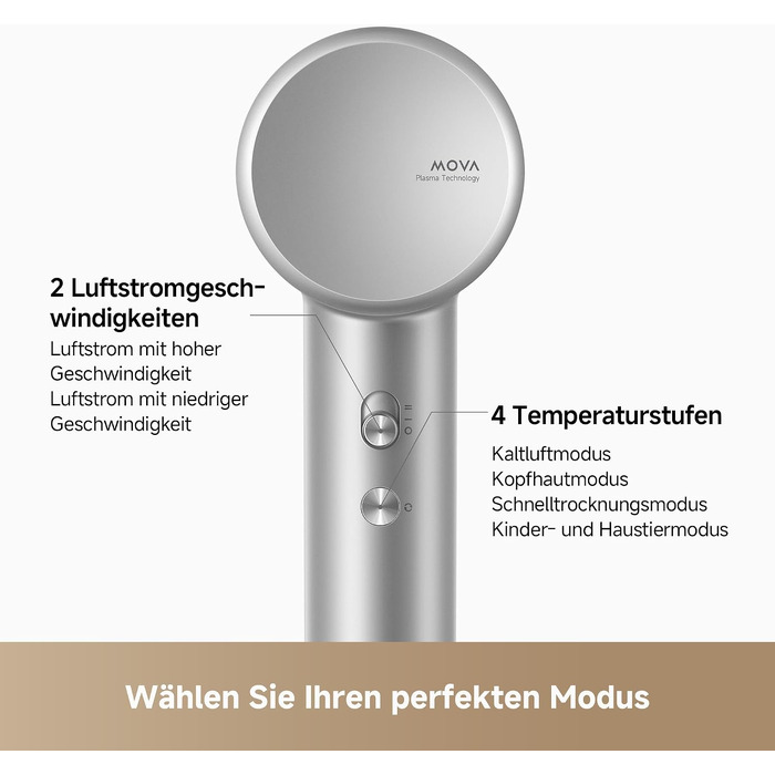 Фен для волосся MOVA Shine 10 з технологією Moisture Caring, безщітковий мотор 110 000 об/хв, плазма-іонізацією та NTC-контролем температури, сріблястий