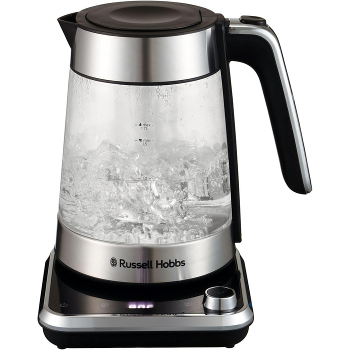 Скляний електрочайник Russell Hobbs Attentiv 26200-70 з регулюванням температури (40-100°C), ситом для чаю, цифровим керуванням та функцією підігріву, 1.7л, 2400Вт, нержавіюча сталь