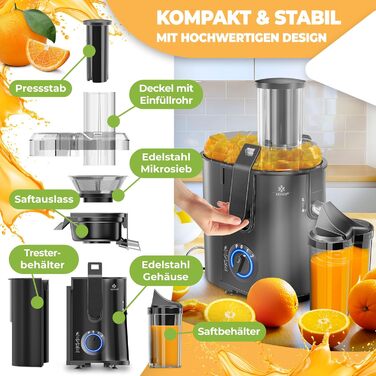 KESSER® Електрична центрифужна соковитискачка для фруктів та овочів з нержавіючої сталі, 1100W, велика завантажувальна воронка, 3 швидкості, сірий/сріблястий (чорний)
