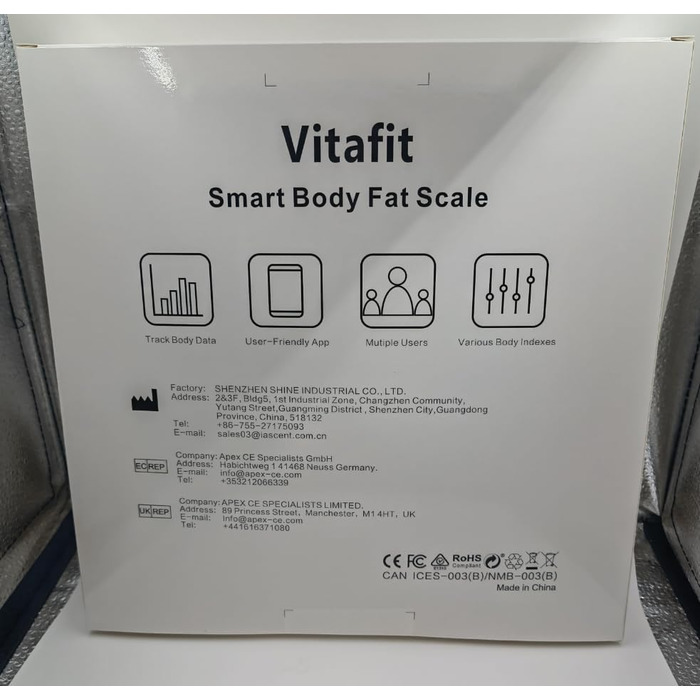 Ваги для аналізу складу тіла Vitafit, електронні, Bluetooth, до 180 кг, чорні, з додатком, вимірювання жиру, ІМТ, м'язової маси