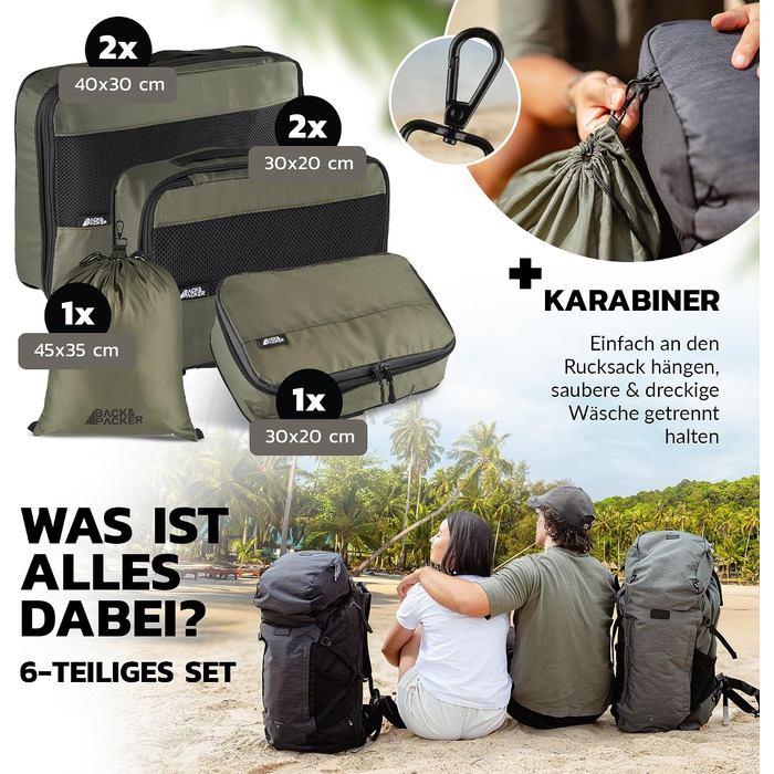 Набір компресійних органайзерів для одягу BACK&PACKER® (6 предметів), дорожні пакувальні куби з переробленого матеріалу для валізи та рюкзака, включаючи мішок для вологих речей (Оливковий, стандартний набір)