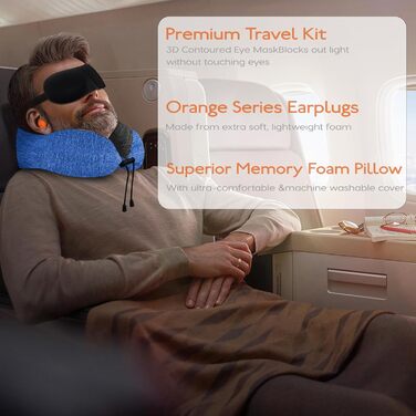Подушка під шию для подорожей з ефектом пам'яті (Memory Foam) з 3D-маскою для сну та берушами, синя — ідеальна для літака, авто та офісу
