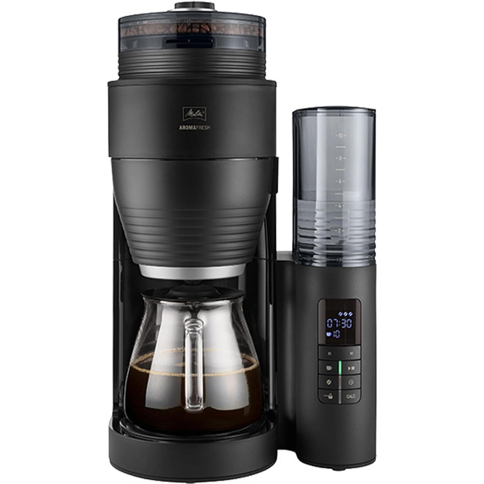 Кавоварка Melitta AromaFresh X з млинком, фільтр-кавоварка з скляним глечиком і захистом від капання, до 10 чашок, чорна/срібляста