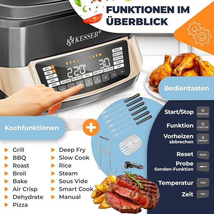 Мультиварка KESSER® 8 л з фритюрницею, 16 програм, для приготування на грилі, випікання, тушкування, варіння на пару, функція підігріву та приготування рису, повільне приготування, йогурт (Champagne)