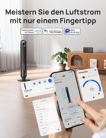 Вентилятор підлоговий DREO Smart Tower 91.5 см: тихий, з пультом, WiFi, Alexa/Google, 90° осциляція, 4 режими, таймер 8 год, для дому/офісу (чорний)