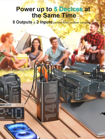 Портативний акумулятор 140W 70000mAh з 5 виходами USB-C, PD3.1, QC4.0, LED дисплеєм та ліхтариком. Чорний. Для ноутбука, телефону, планшета. Ідеально для подорожей, кемпінгу та активного відпочинку на природі.