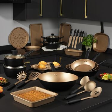 Сковорода вок Russell Hobbs Opulence 28 см, антипригарна, індукційна, без ПФОА, алюмінієва, золота, для смаження, можна мити в посудомийній машині
