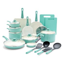 Набір посуду GreenLife Soft Grip 23 предмети: каструлі та сковороди з керамічним антипригарним покриттям, без PFOA/PFAS, для плити та духовки, бірюзовий