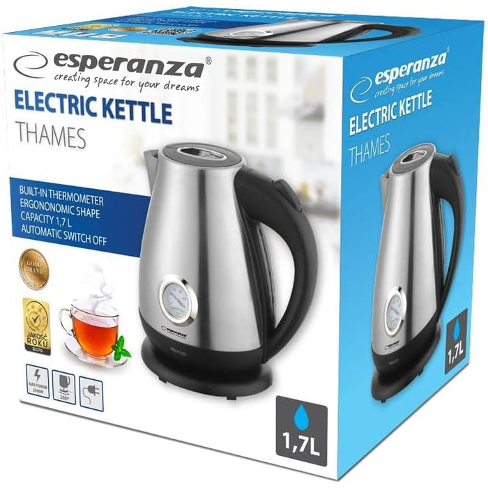 Електричний чайник Esperanza EKK029 з термометром, 1.7 л, 2200 Вт, нержавіюча сталь