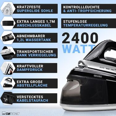 Парова прасувальна станція Clatronic DBS 3749, 2400 Вт, 3,5 бар, Superglide, резервуар 1,2 л, чорна, антикрапельна система