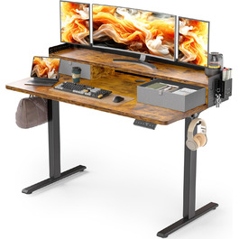 Електричний стіл WALKINGDESK з регулюванням висоти, 2 шухляди, 121,9x61 см, ергономічний робочий стіл для дому, з полицею, тримачем для ручок, гачком, рустикальний коричневий