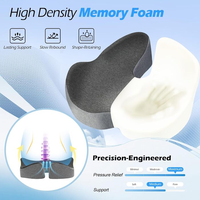 Подушка для офісного крісла Lofty Aim з Memory Foam: ергономічна, для куприка, при болях в спині та сідницях, для офісу, авто, літака, інвалідного візка – чорний та сірий
