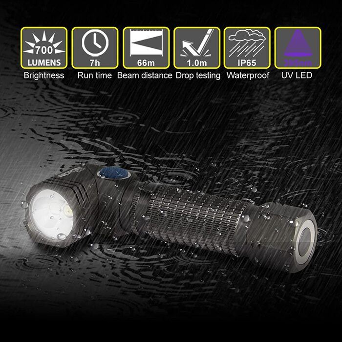 NICRON UV ліхтарик LED, 700 люмен, 90°, акумуляторний, 395нм, магніт, детектор плям сечі собак і котів, B74UV, білий та ультрафіолетовий світло
