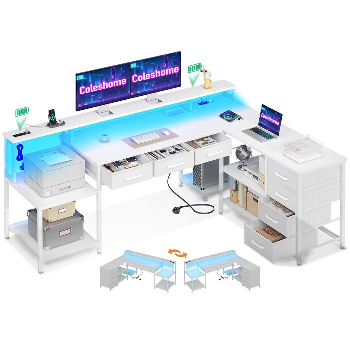 Ігровий кутовий стіл Coleshome з RGB підсвіткою, 7 ящиків, 179.5x135.5 см - білий