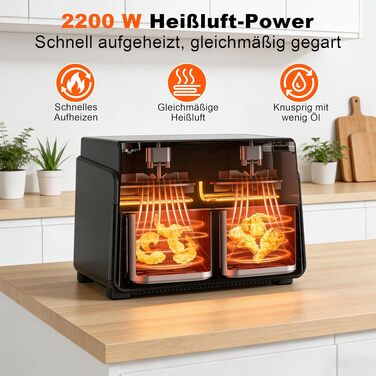 Аерофритюрниця Citybee XXL 10л з двома камерами (5л+5л), сенсорне керування, Dual Zone, 2200 Вт, чорна