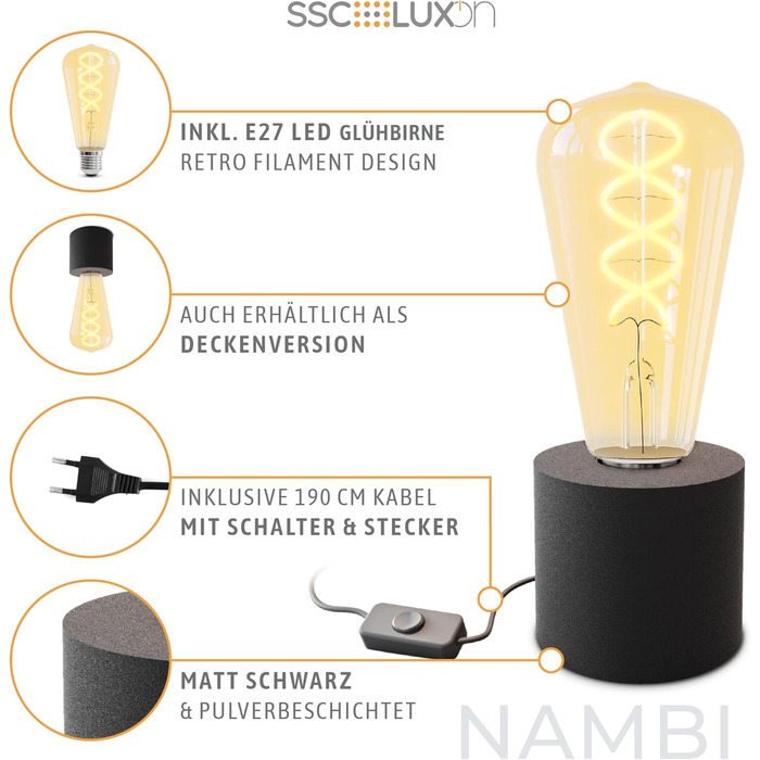 Настільна лампа SSC-LUXon NAMBI чорна, вінтажна, з LED-лампою E27, тепле світло, з кабелем і вимикачем