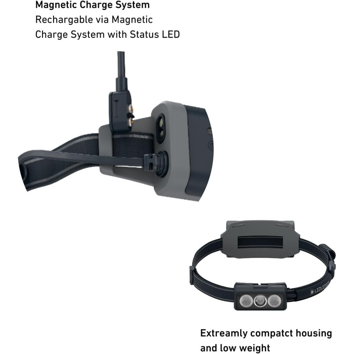 Світлодіодний налобний ліхтар Ledlenser NEO9R для бігу, 1200 лм, акумуляторний, червоне сигнальне світло, відбиваючий ремінець, поворотна головка, чорний/сірий