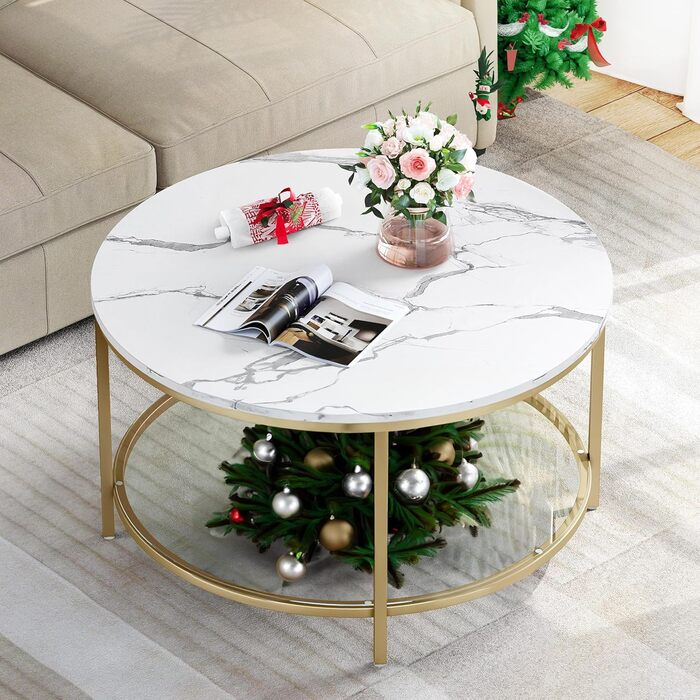 Журнальний стіл YITAHOME, круглий, 2-ярусний, 80x80x46 см, дерев'яний та скляний, з місцем для зберігання, білий і чорний, металевий каркас, для вітальні та спальні