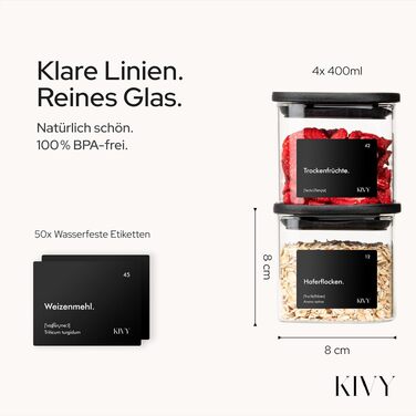 Набір скляних герметичних контейнерів для зберігання продуктів KIVY, квадратні, з кришками та етикетками, чорні, 4х400 мл