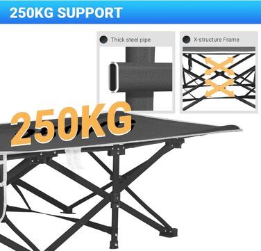 Складане польове ліжко Overmont 190x71x36 см, до 250 кг, 2400D Оксфорд з бічною кишенею і сумкою для перенесення, для кемпінгу, саду, офісу