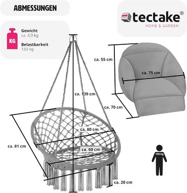 Підвісне крісло-гойдалка tectake з товстими подушками та китицями, стиль бохо, діаметр 80 см, з підставкою, для саду, балкону та вітальні, сіра гніздовидна гойдалка для вулиці та дому