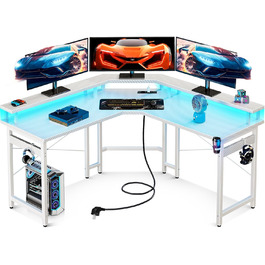Ігровий стіл ODK з LED-підсвіткою, 2 розетками та 2 USB-портами, велика полиця для монітора, комп'ютерний стіл для геймерів, карбонове біле покриття, 129x129 см