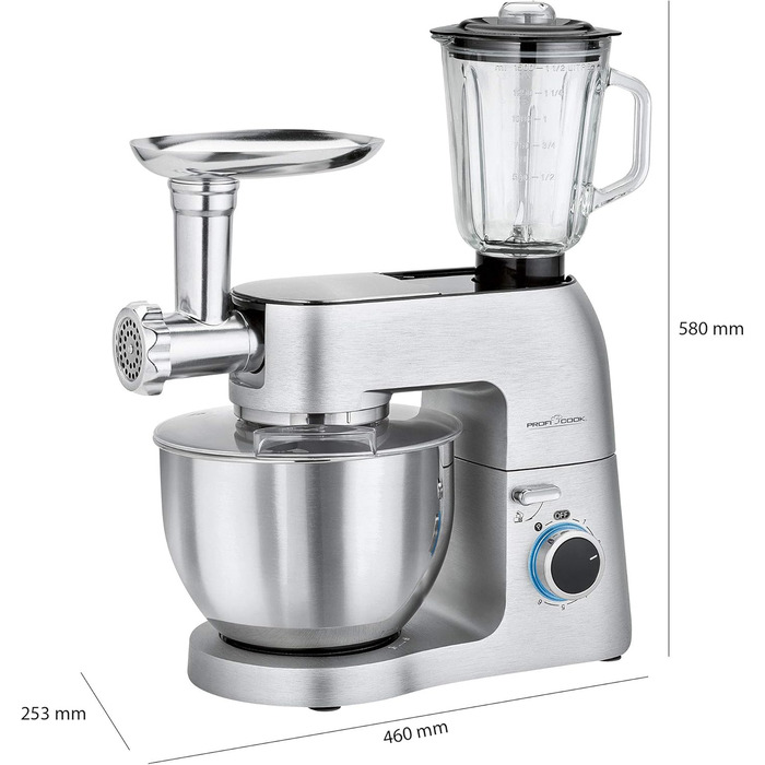 Планетарний міксер ProfiCook PC-KM 1189 3в1, м’ясорубка, міксер, алюмінієвий корпус, 1500 Вт, 8 швидкостей, 6,7 л, сріблястий