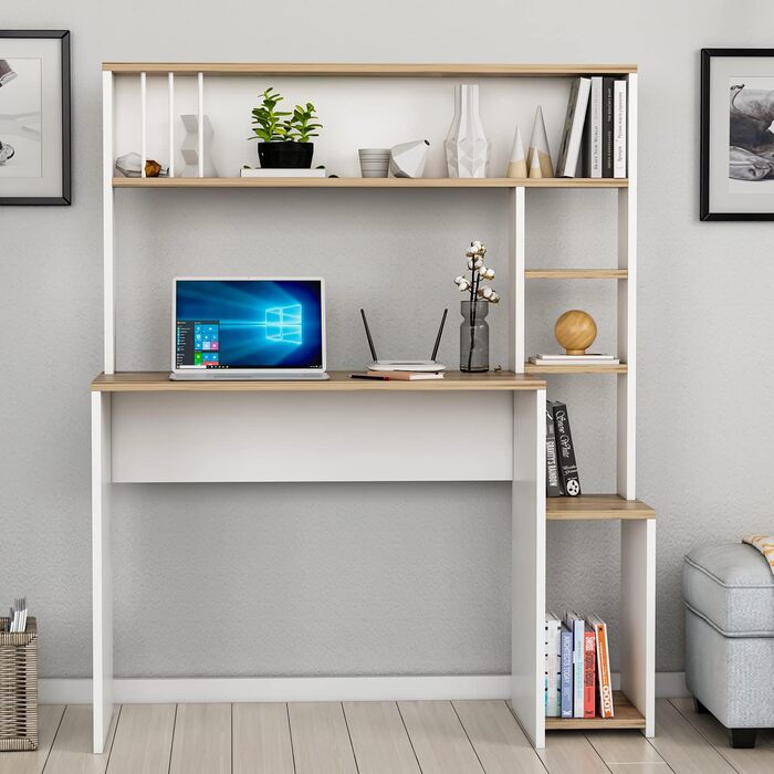Комп'ютерний стіл HOMIDEA Olivia з полицями, сучасний дизайн, 114x45x139 см, білий