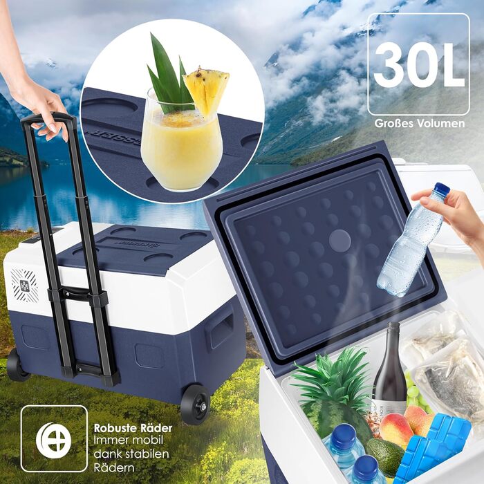 Електрична термохолодильник KESSER® Kompressor на 30 літрів, Navyblau з APP-керуванням, USB, 12/24V/230V, -20°C для авто, вантажівки, човна