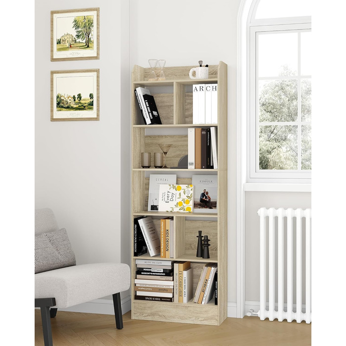Стильний стелаж для книг Hzuaneri з 6 секціями, білий (Eichenbeige), 24 x 60 x 170 см | Для вітальні, офісу, спальні